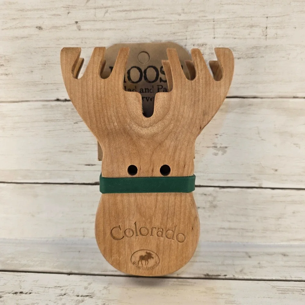 NEW Rock Creek Trading Co Wooden Moose Salad and Pasta Servers Colorado Souvenir
